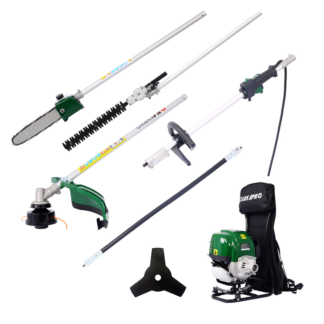 Backpack 4 In 1 Multi Functional Trimming Tool, 38Cc 4 Stroke Garden Tool System With Gas Pole Saw, Hedge Trimmer, Grass Trimmer, And Brush Cutter Epa Compliant Dark Green Plastic