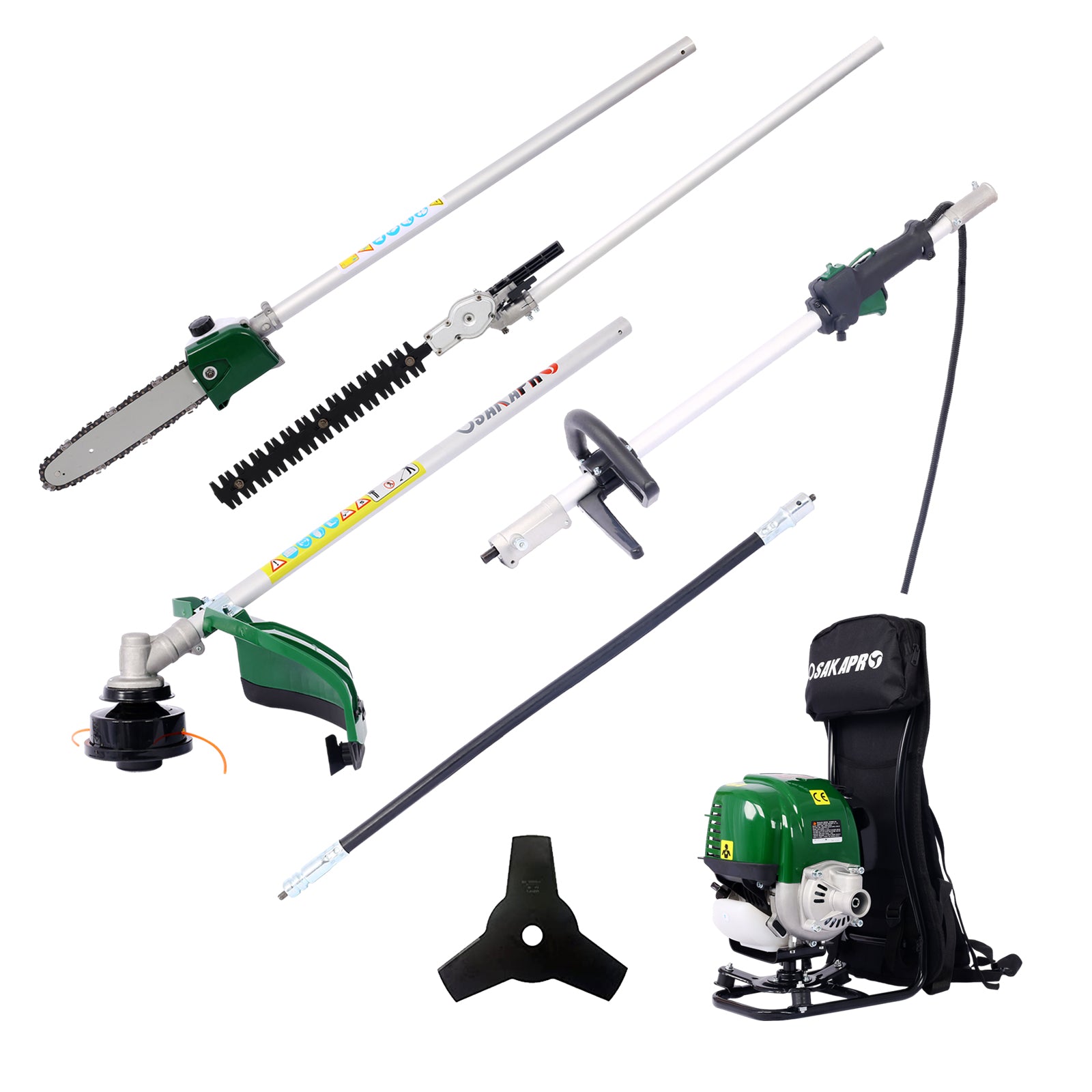 Backpack 4 In 1 Multi Functional Trimming Tool, 38Cc 4 Stroke Garden Tool System With Gas Pole Saw, Hedge Trimmer, Grass Trimmer, And Brush Cutter Epa Compliant Dark Green Plastic
