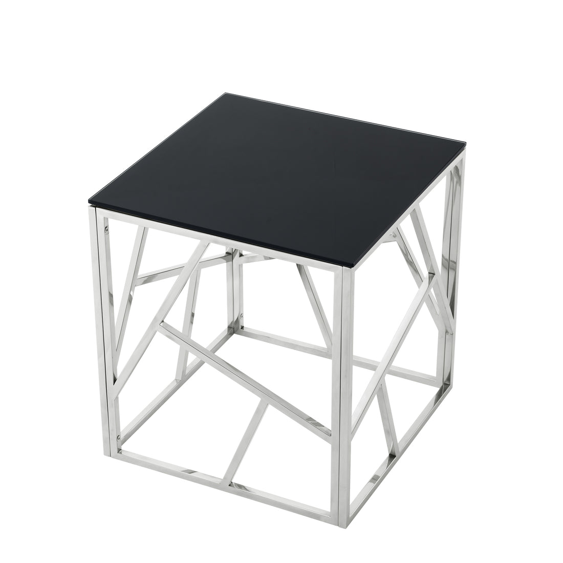 20 Inch Modern Glass End Table With Geometric Metal Frame, Accent Table Nightstand Furniture Corner Table For Living Room,Home Office,Bedroom Chrome Chrome Stainless Steel