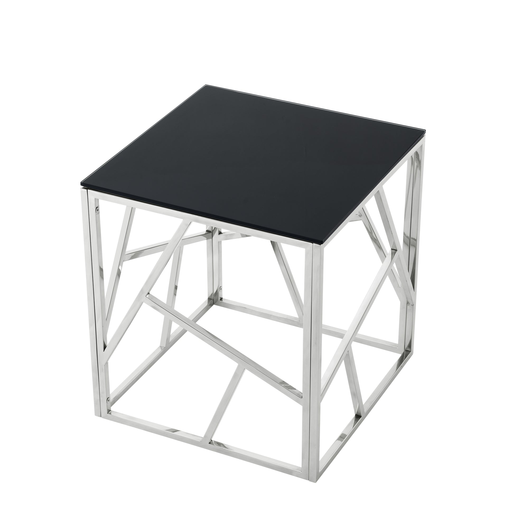 20 Inch Modern Glass End Table With Geometric Metal Frame, Accent Table Nightstand Furniture Corner Table For Living Room,Home Office,Bedroom Chrome Chrome Stainless Steel