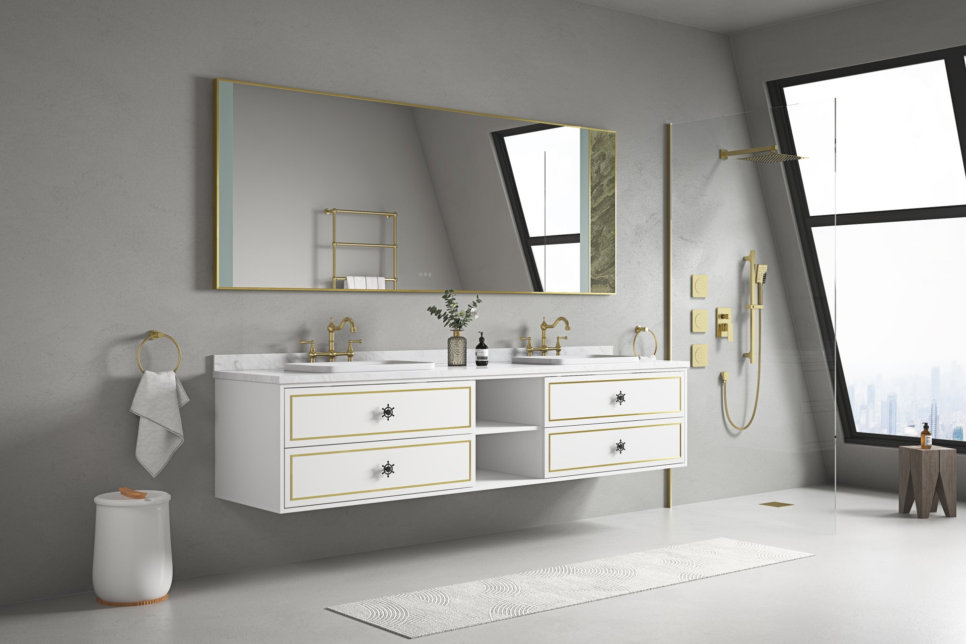 96 In. W X 23 In. D X21 In. H Double Bath Vanity In With White Carrara Top With White Sink White Abs Steel Q235 Wood Pvc