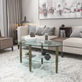 Transparent Oval Glass Coffee Table, Modern Table In Living Room Oak Wood Leg Tea Table 3 Layer Glass Table Brown Glass