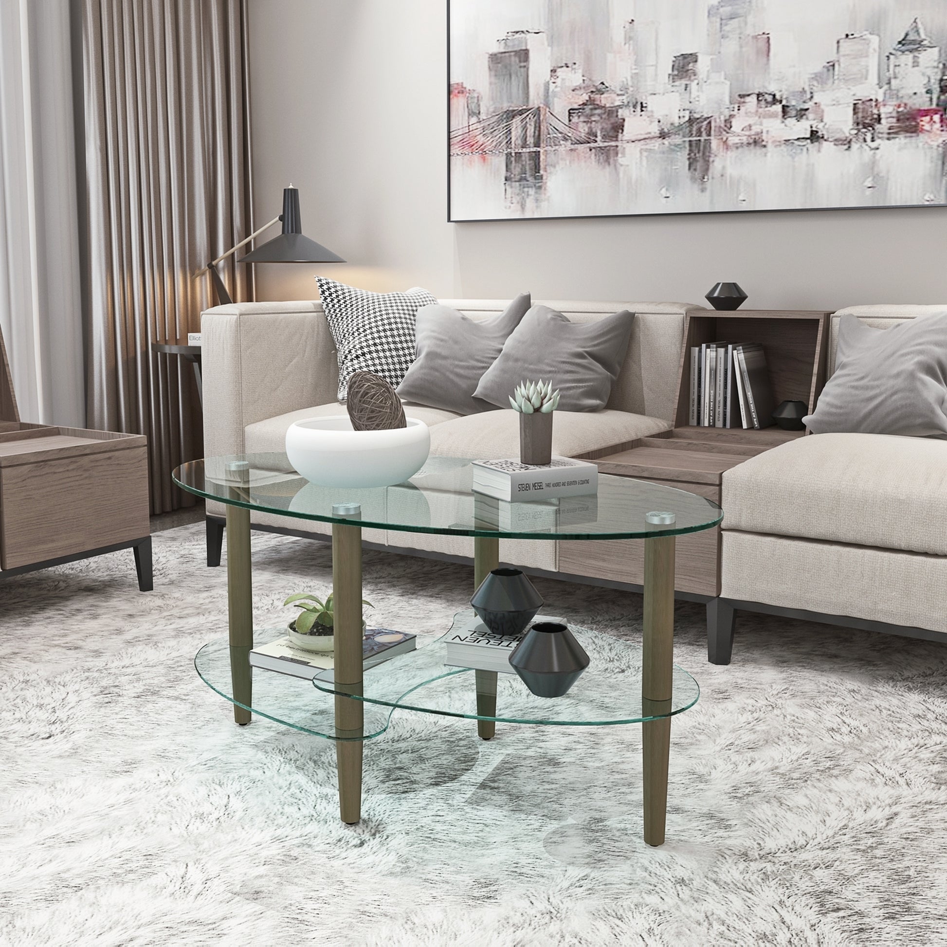 Transparent Oval Glass Coffee Table, Modern Table In Living Room Oak Wood Leg Tea Table 3 Layer Glass Table Brown Glass