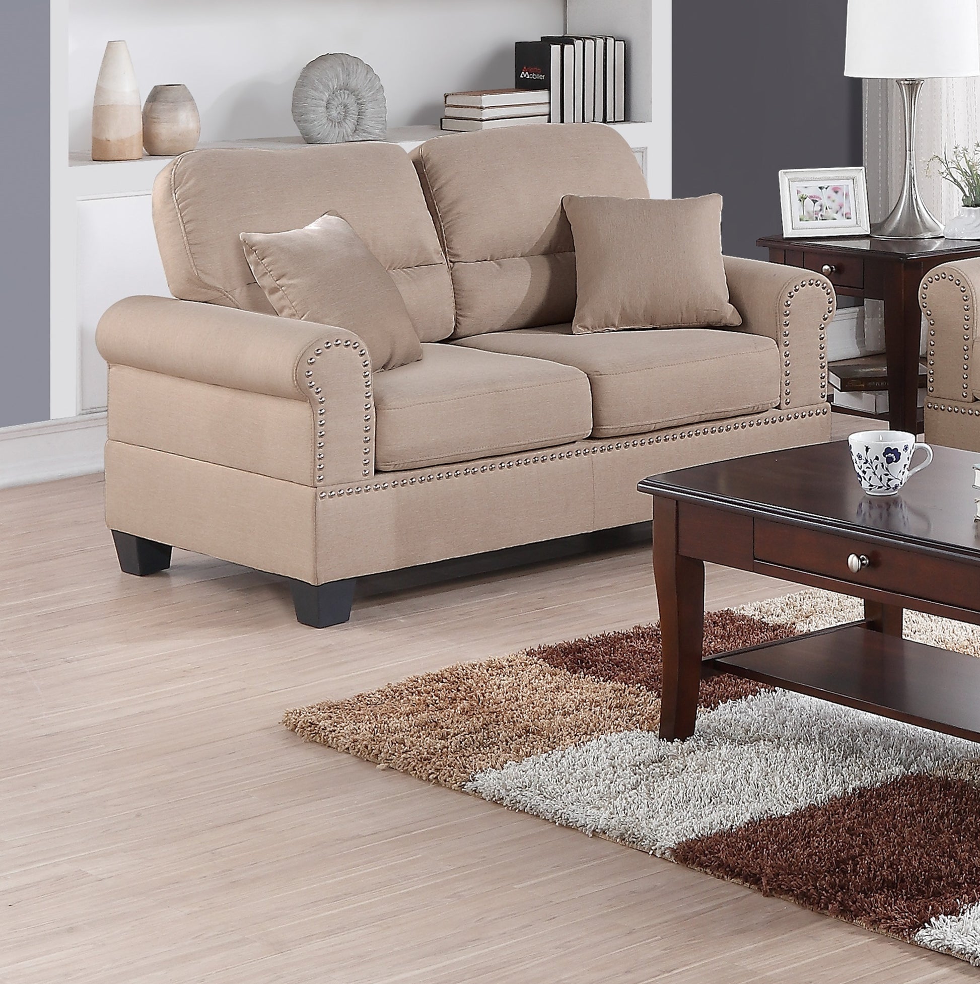Sand Polyfiber Linen Like Fabric 2Pc Sofa Set Sofa And Loveseat Elegant Plush Contemporary Couch Living Room Furniture Desert Sand Linen Wood Primary Living Space Cushion Back Classic,Contemporary,Modern Rolled Arms Foam Fabric 5 Seat