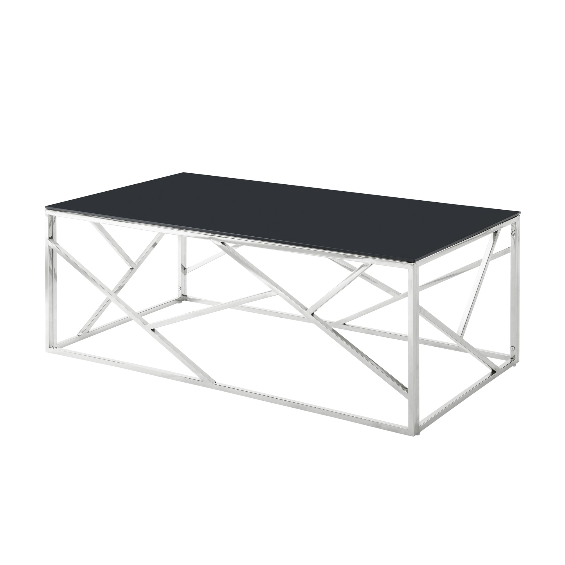 Modern Rectangular Coffee Accent Table With Black Tempered Glass Top And Stainless Steel Frame For Living Room Bedroom Polished Chrome Chrome Stainless Steel