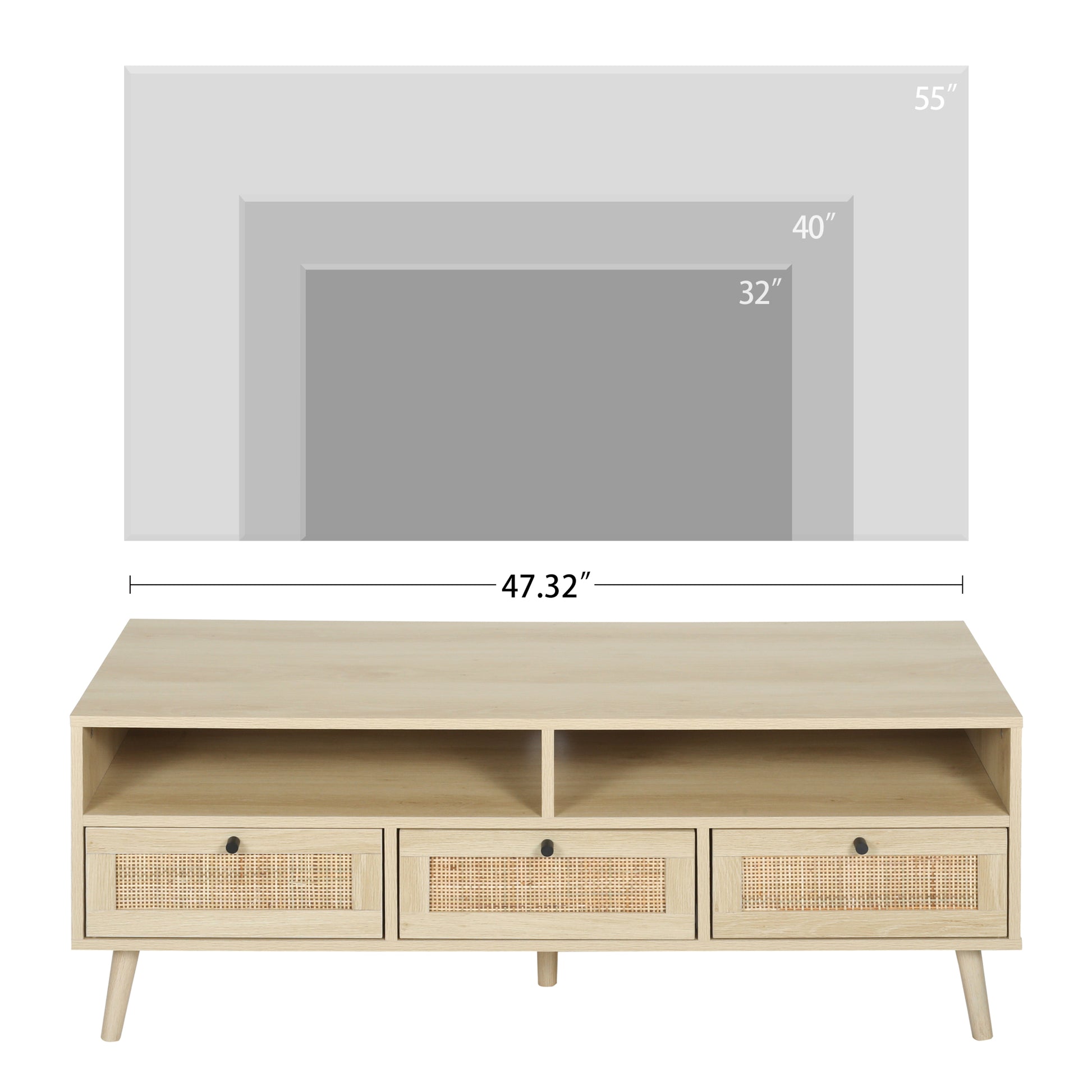 Rattan Tv Stand With Solid Wood Feet, Tv Console Table For Living Room, Natural Oak Particle Board