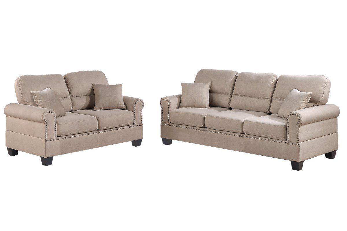 Sand Polyfiber Linen Like Fabric 2Pc Sofa Set Sofa And Loveseat Elegant Plush Contemporary Couch Living Room Furniture Desert Sand Linen Wood Primary Living Space Cushion Back Classic,Contemporary,Modern Rolled Arms Foam Fabric 5 Seat