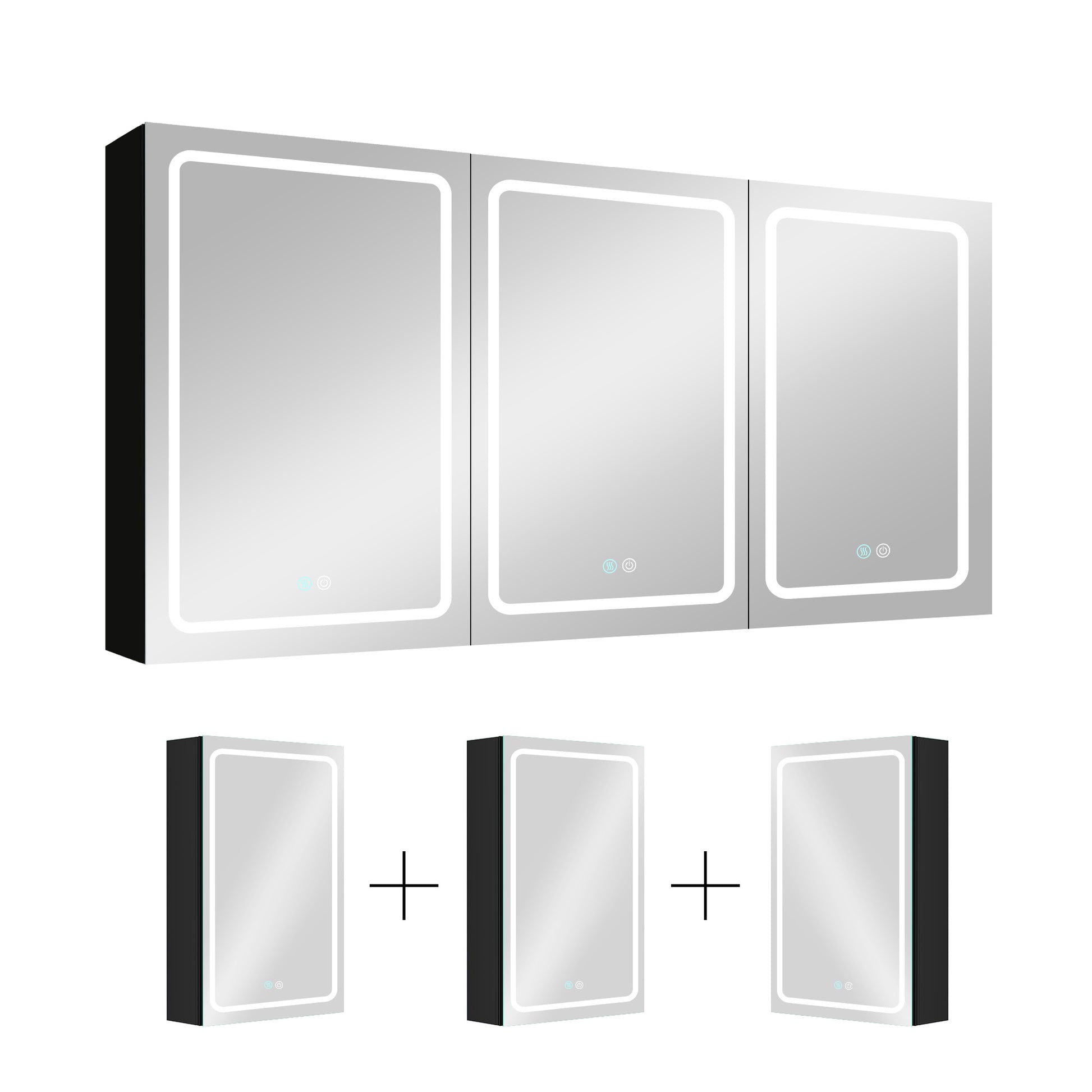 60X30 Inch Led Bathroom Medicine Cabinet Surface Mount Double Door Lighted Medicine Cabinet, Medicine Cabinets For Bathroom With Mirror Defogging, Dimmer Black Black Aluminium