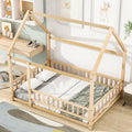 Full Size Floor Wooden Bed With House Roof Frame, Fence Guardrails ,Nartural Old Sku:W504105242 Full Natural Pine