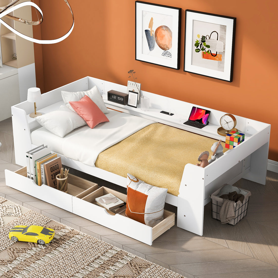 Twin Size Daybed With Shelves, Drawers And Built In Charging Station, White White Pine