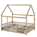 Full Size Floor Wooden Bed With House Roof Frame, Fence Guardrails ,Nartural Old Sku:W504105242 Full Natural Pine