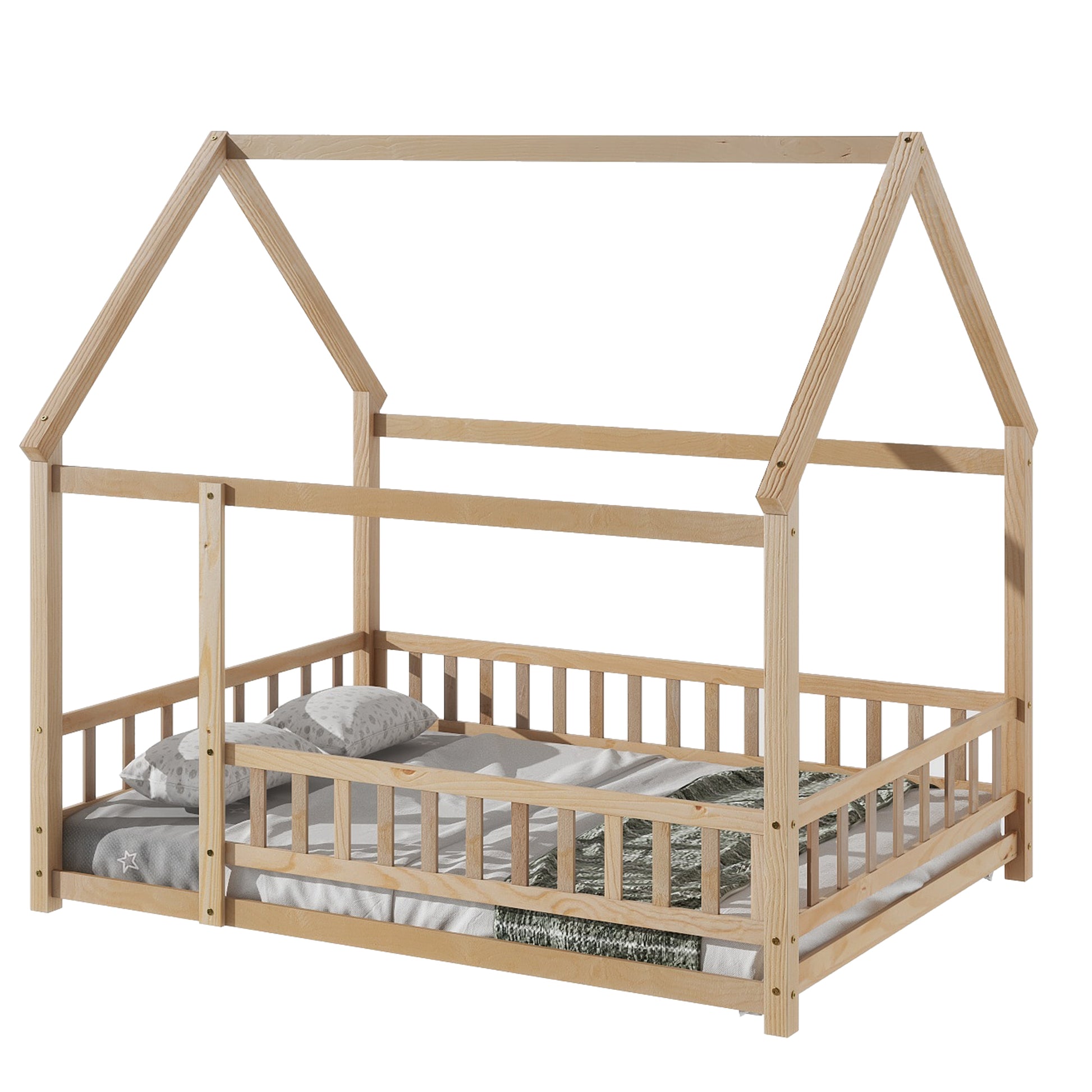 Full Size Floor Wooden Bed With House Roof Frame, Fence Guardrails ,Nartural Old Sku:W504105242 Full Natural Pine