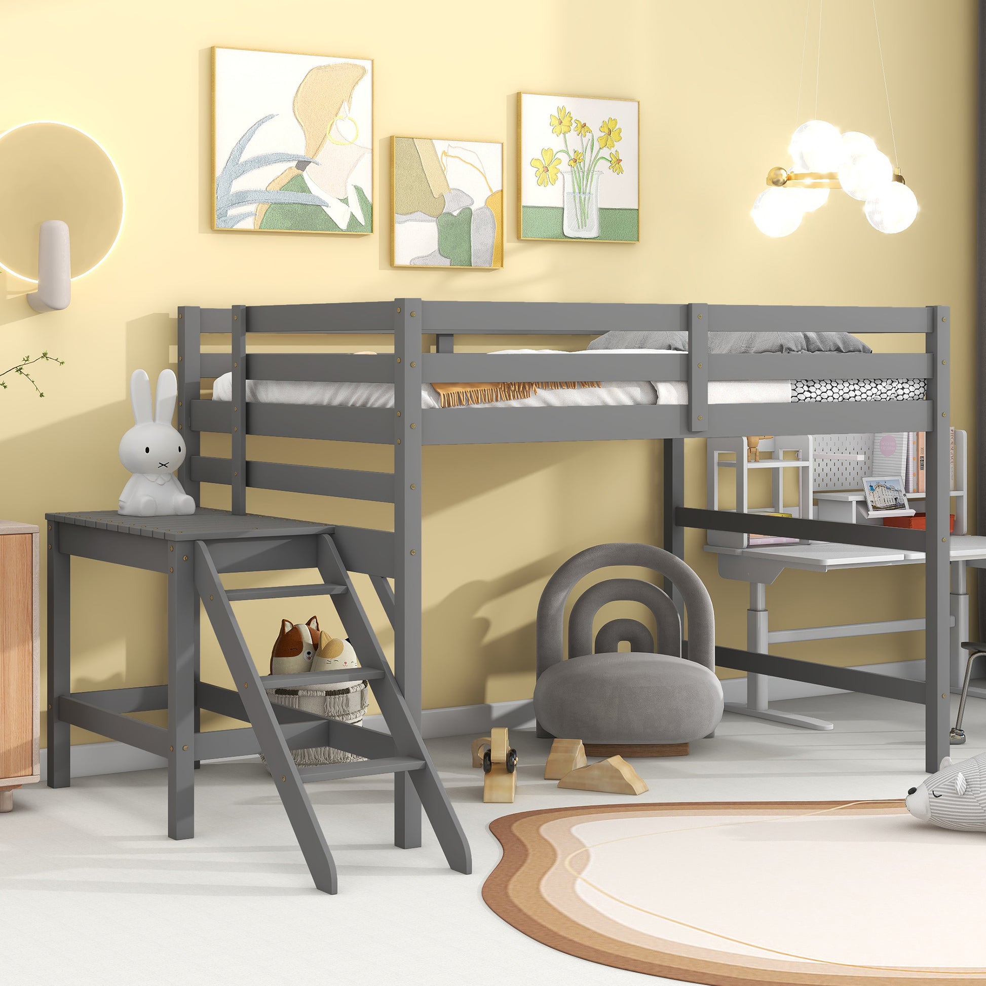 Full Loft Bed With Platform,Ladder,Grey Full Grey Wood Bedroom American Design Pine Pine