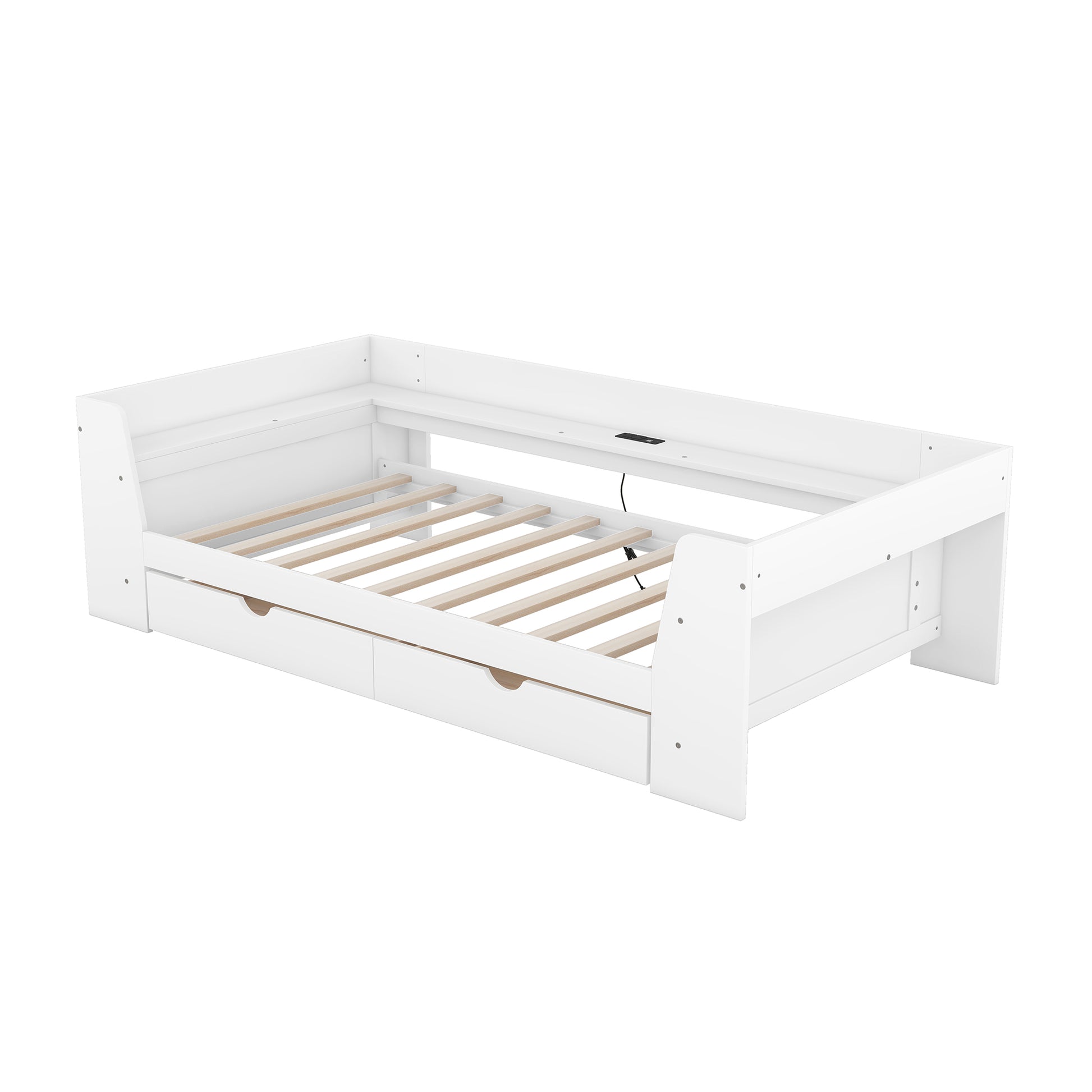 Twin Size Daybed With Shelves, Drawers And Built In Charging Station, White White Pine