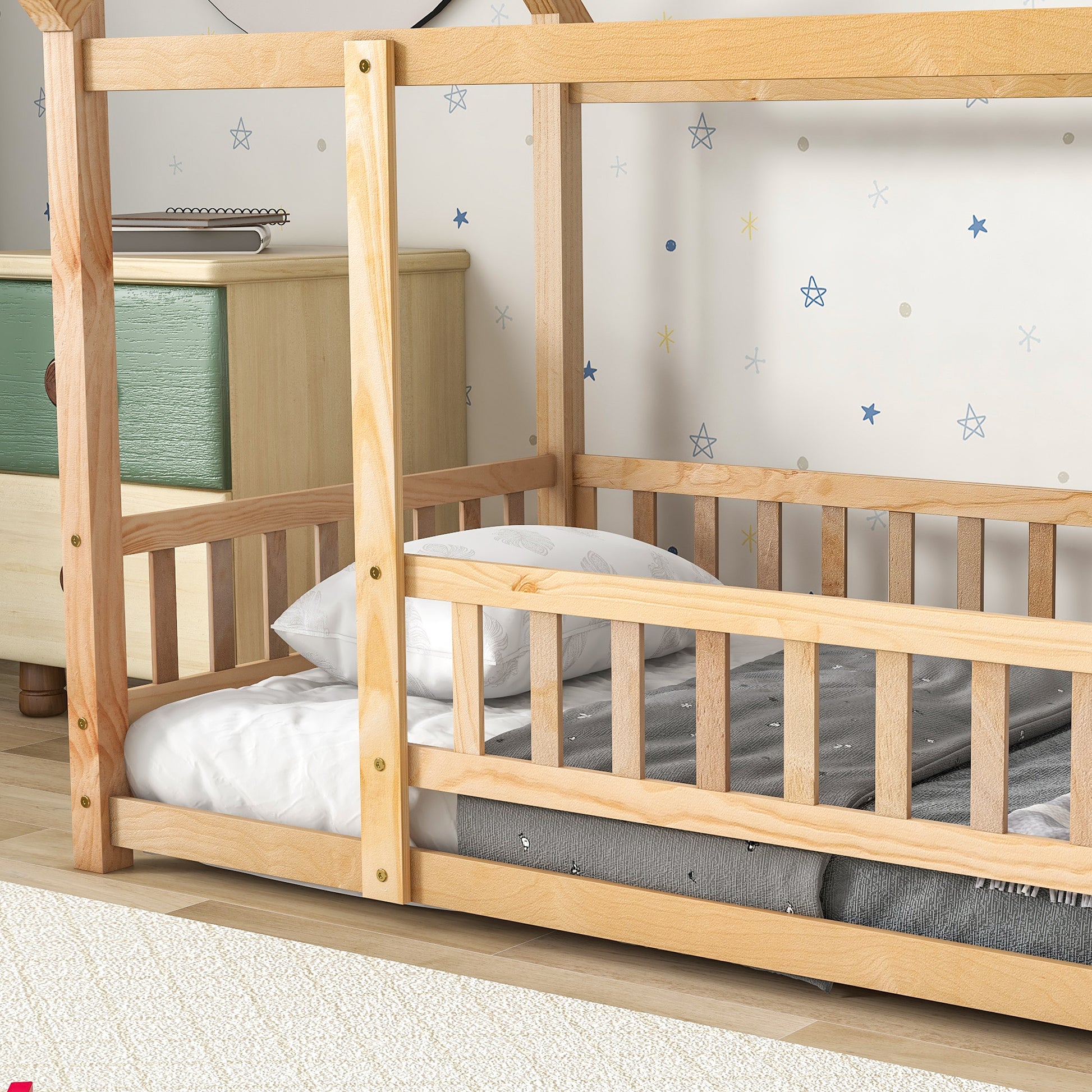 Twin Size Floor Wooden Bed With House Roof Frame, Fence Guardrails, Old Sku:W504105240 Twin Natural Pine