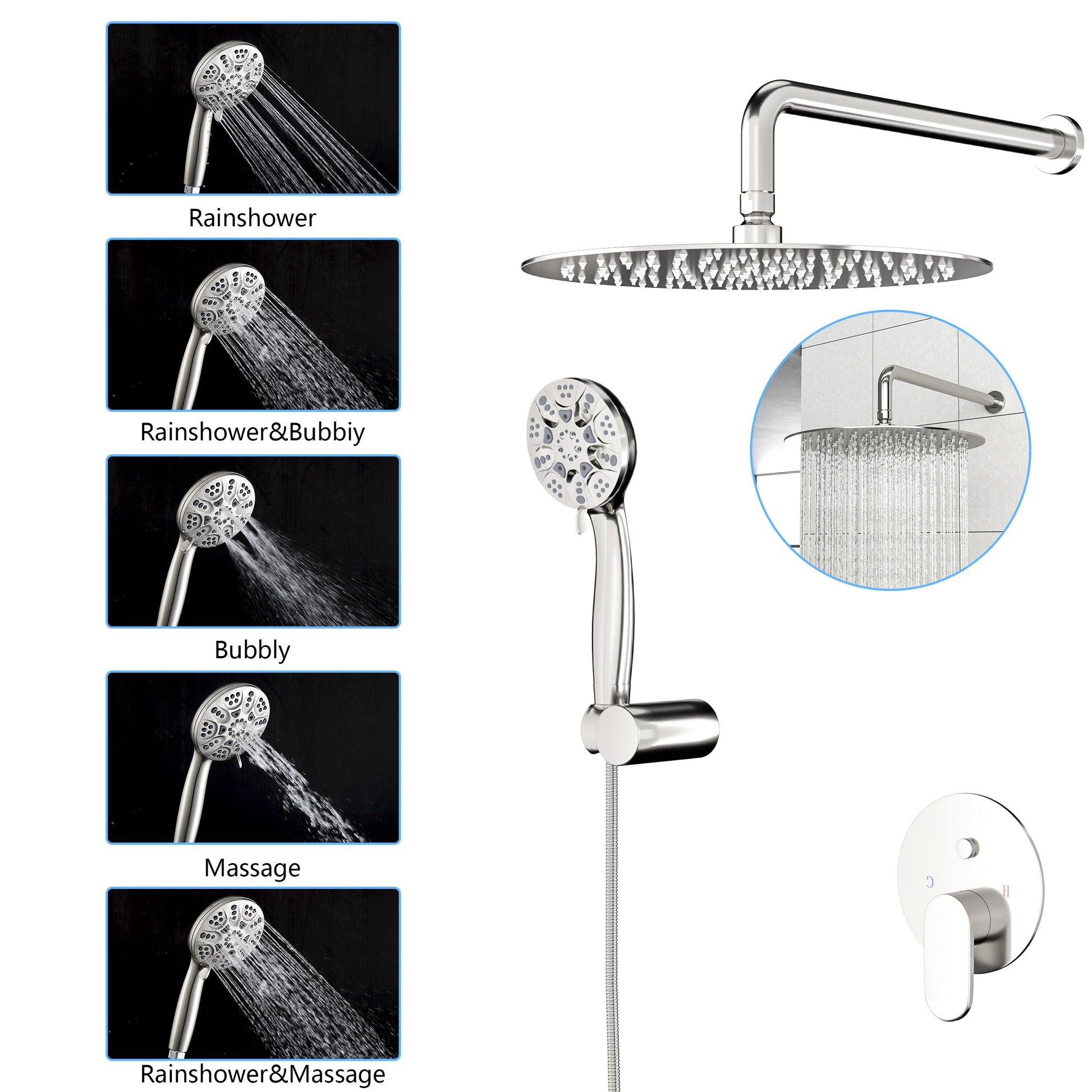 10" Rain Shower Head Systems, Dual Shower Heads, Brushed Nickel,Wall Mounted Shower Brushed Nickel Stainless Steel