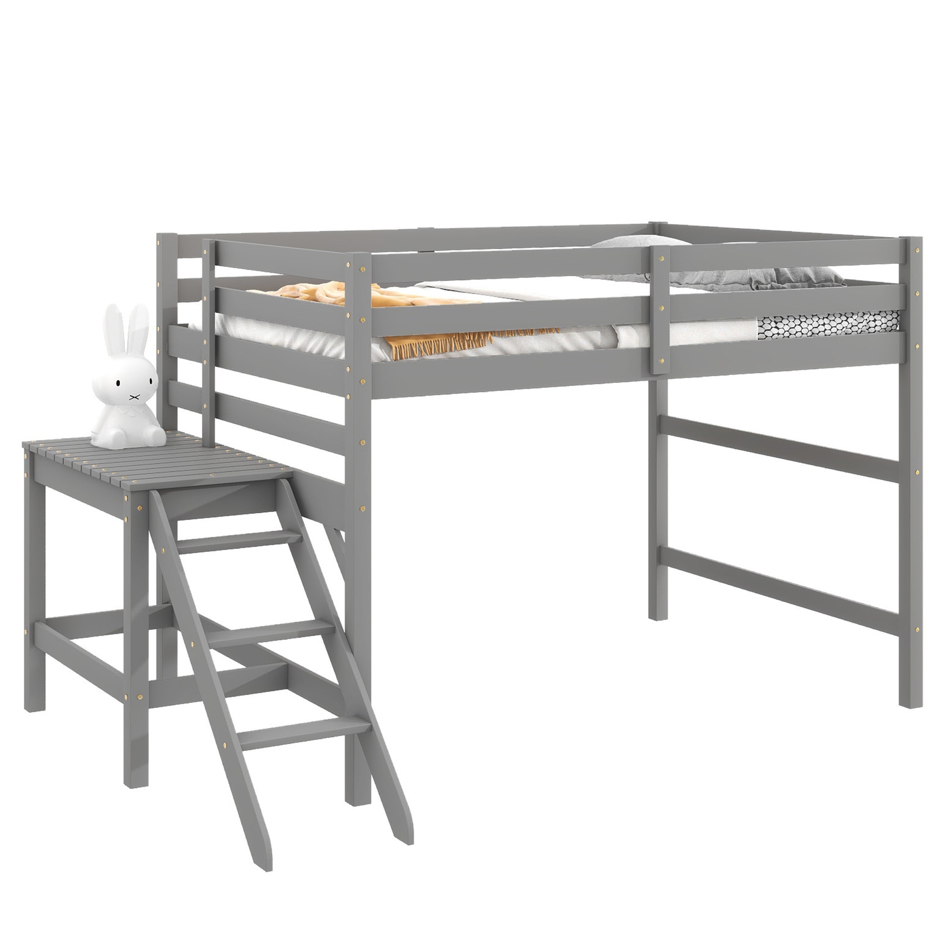 Full Loft Bed With Platform,Ladder,Grey Full Grey Wood Bedroom American Design Pine Pine