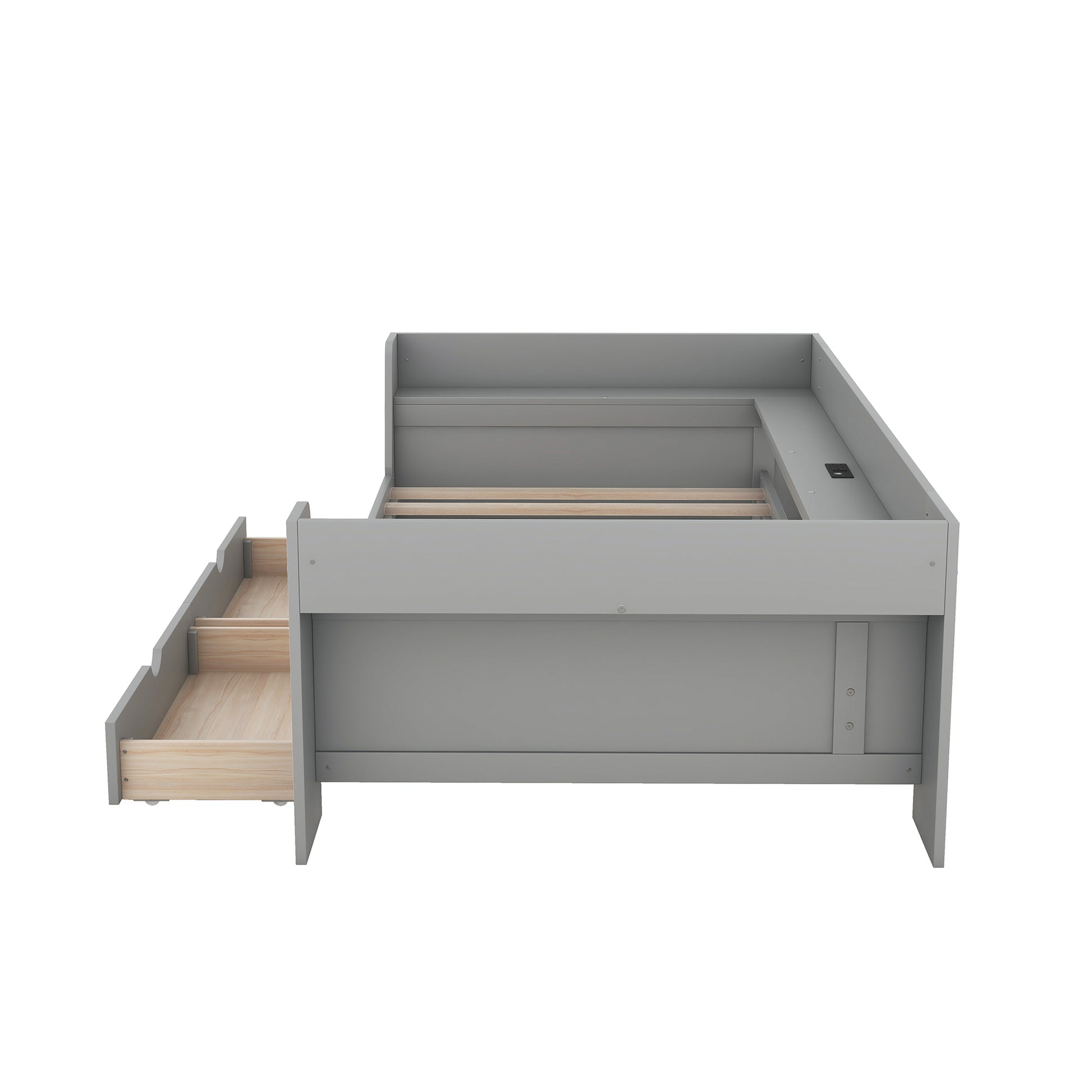 Twin Size Daybed With Shelves, Drawers And Built In Charging Station, Gray Gray Pine