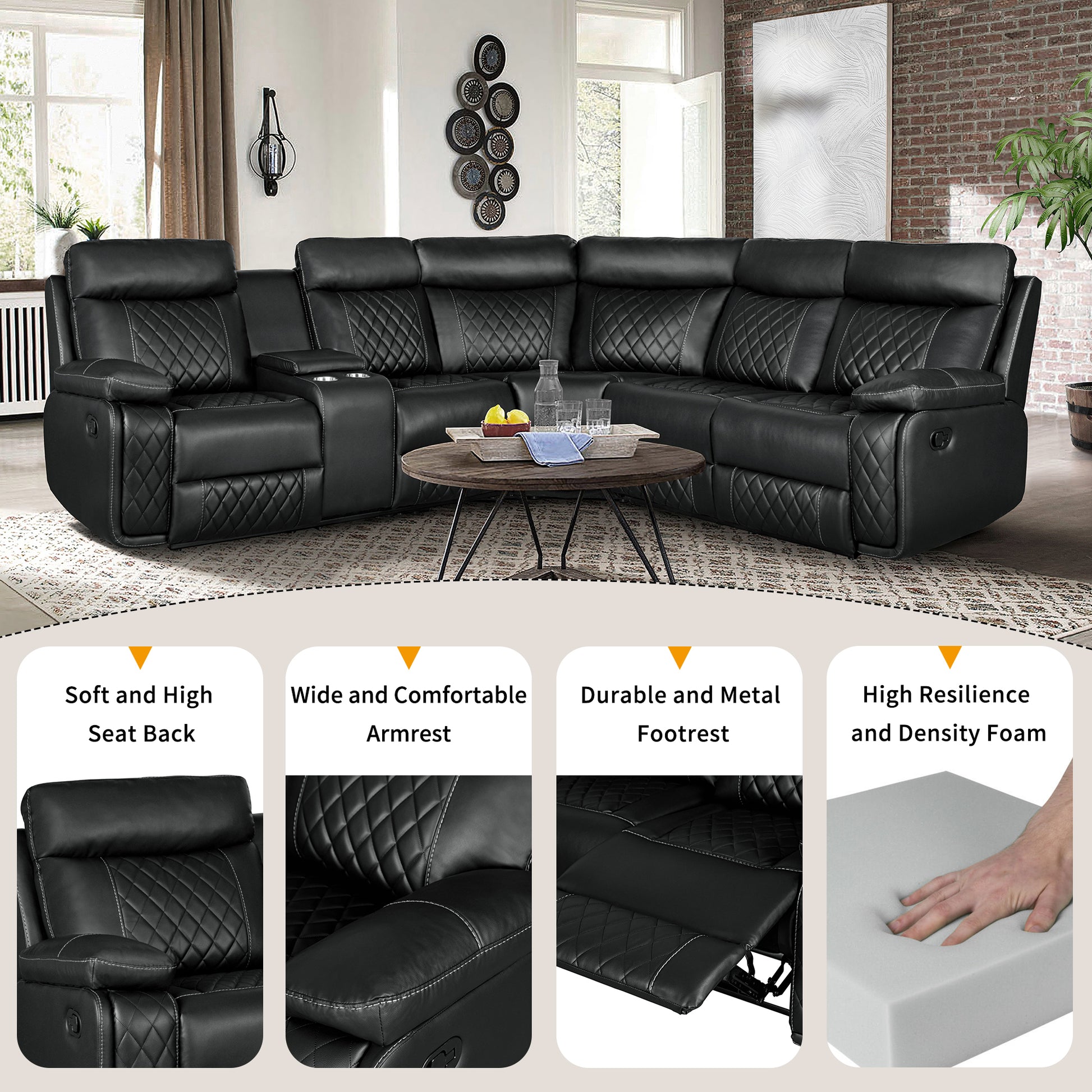 Home Theater Seating Manual Recliner With Cup Holder, Hide Away Storage Pu Reclining Sofa For Living Room, Home Theater, Black Black Foam Pu 5 Seat