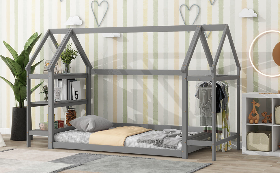 Twin Size Wood House Bed With Storage Shelf And Hanger ,Kids Bedroom Set,Grey Twin Grey Wood Bedroom American Design Pine Pine