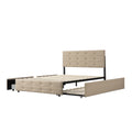 Queen Size Upholstered Platform Bed With Twin Trundle And 2 Storage Drawers Underneath, Linen Fabric With Wood Slat, For Bedroom,Light Beige Box Spring Not Required Queen Light Beige Wood Bedroom American Design Bed Frame Linen Linen