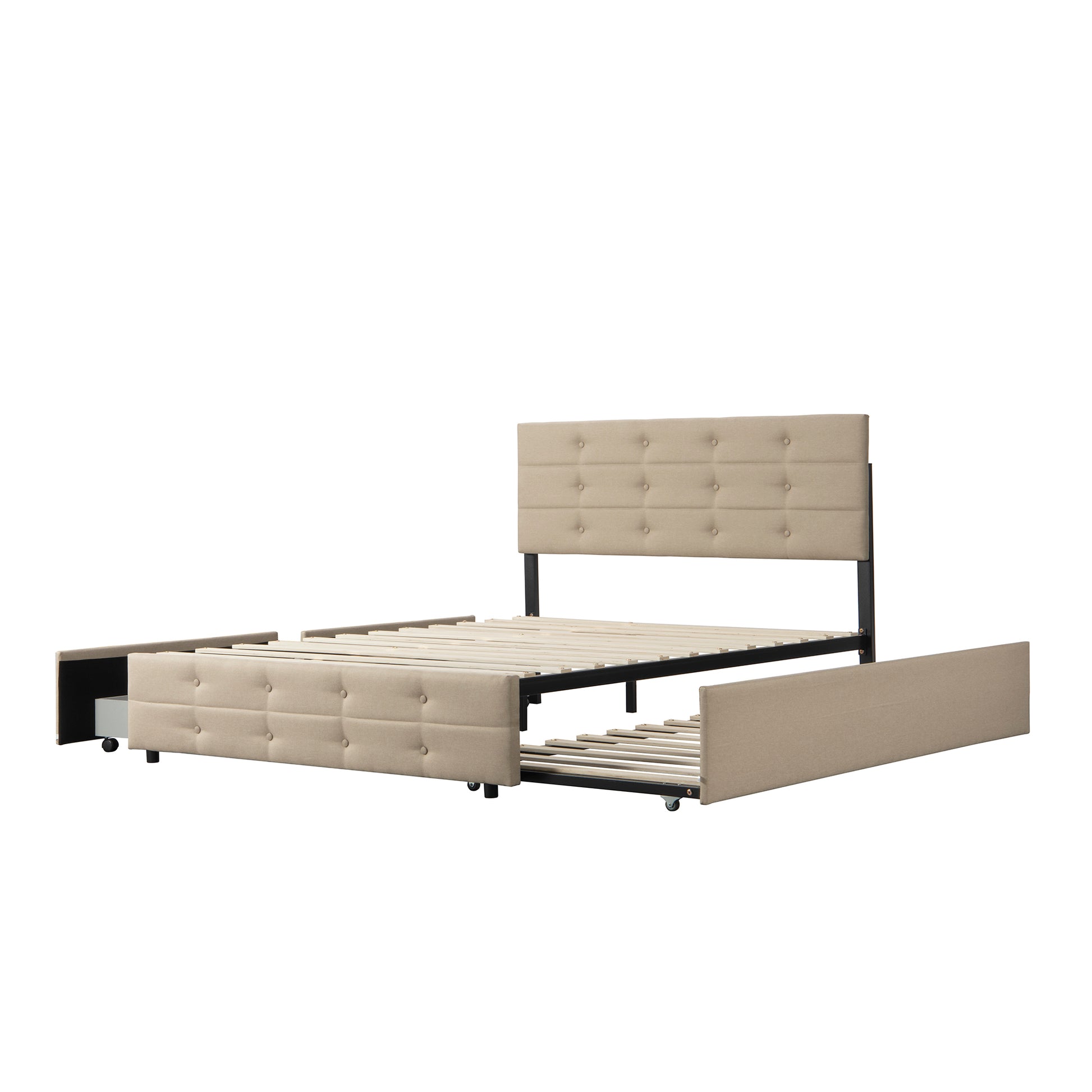 Queen Size Upholstered Platform Bed With Twin Trundle And 2 Storage Drawers Underneath, Linen Fabric With Wood Slat, For Bedroom,Light Beige Box Spring Not Required Queen Light Beige Wood Bedroom American Design Bed Frame Linen Linen