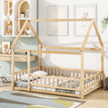 Full Size Floor Wooden Bed With House Roof Frame, Fence Guardrails ,Nartural Old Sku:W504105242 Full Natural Pine