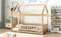 Twin Size Floor Wooden Bed With House Roof Frame, Fence Guardrails, Old Sku:W504105240 Twin Natural Pine