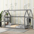 Twin Size Wood House Bed With Storage Shelf And Hanger ,Kids Bedroom Set,Grey Twin Grey Wood Bedroom American Design Pine Pine