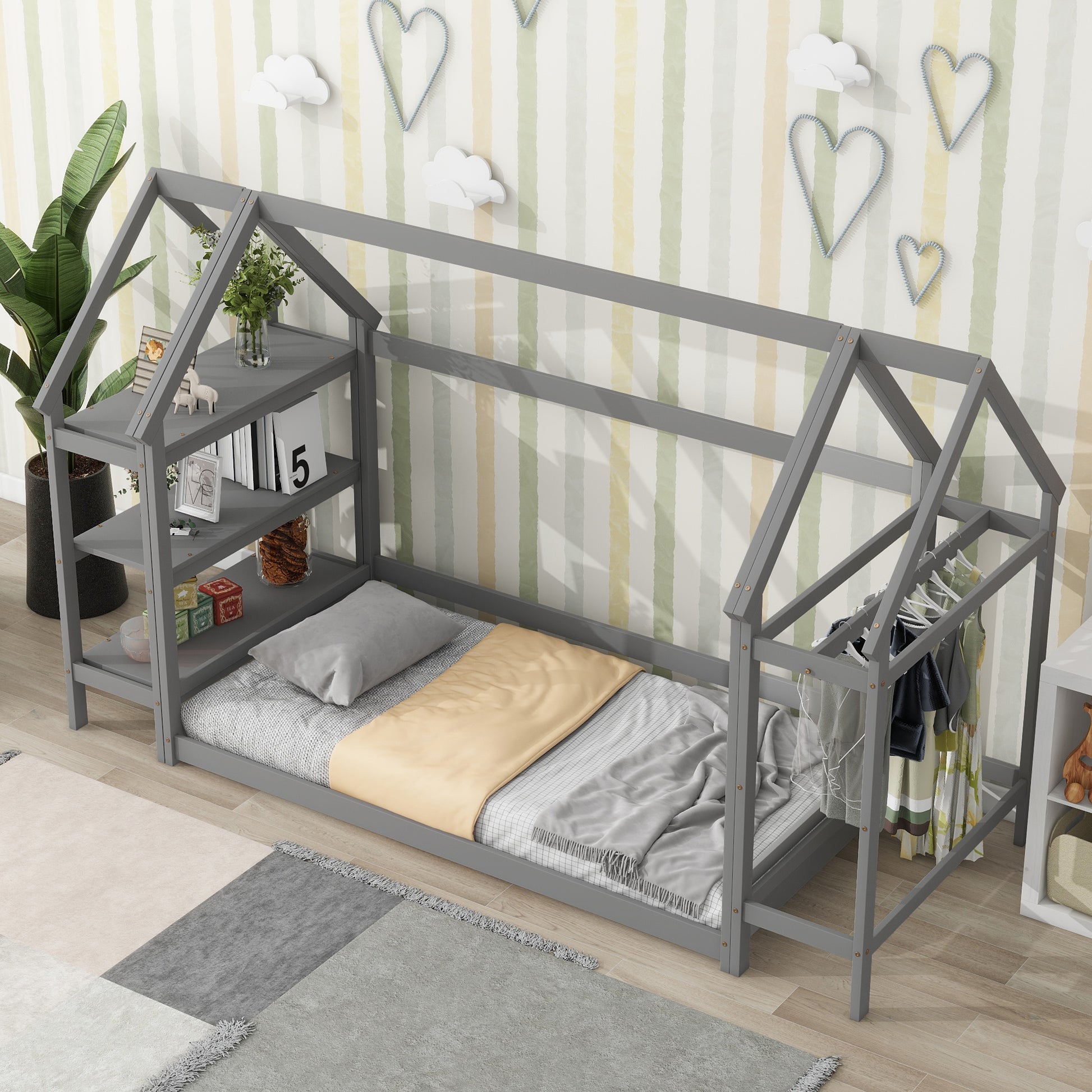 Twin Size Wood House Bed With Storage Shelf And Hanger ,Kids Bedroom Set,Grey Twin Grey Wood Bedroom American Design Pine Pine