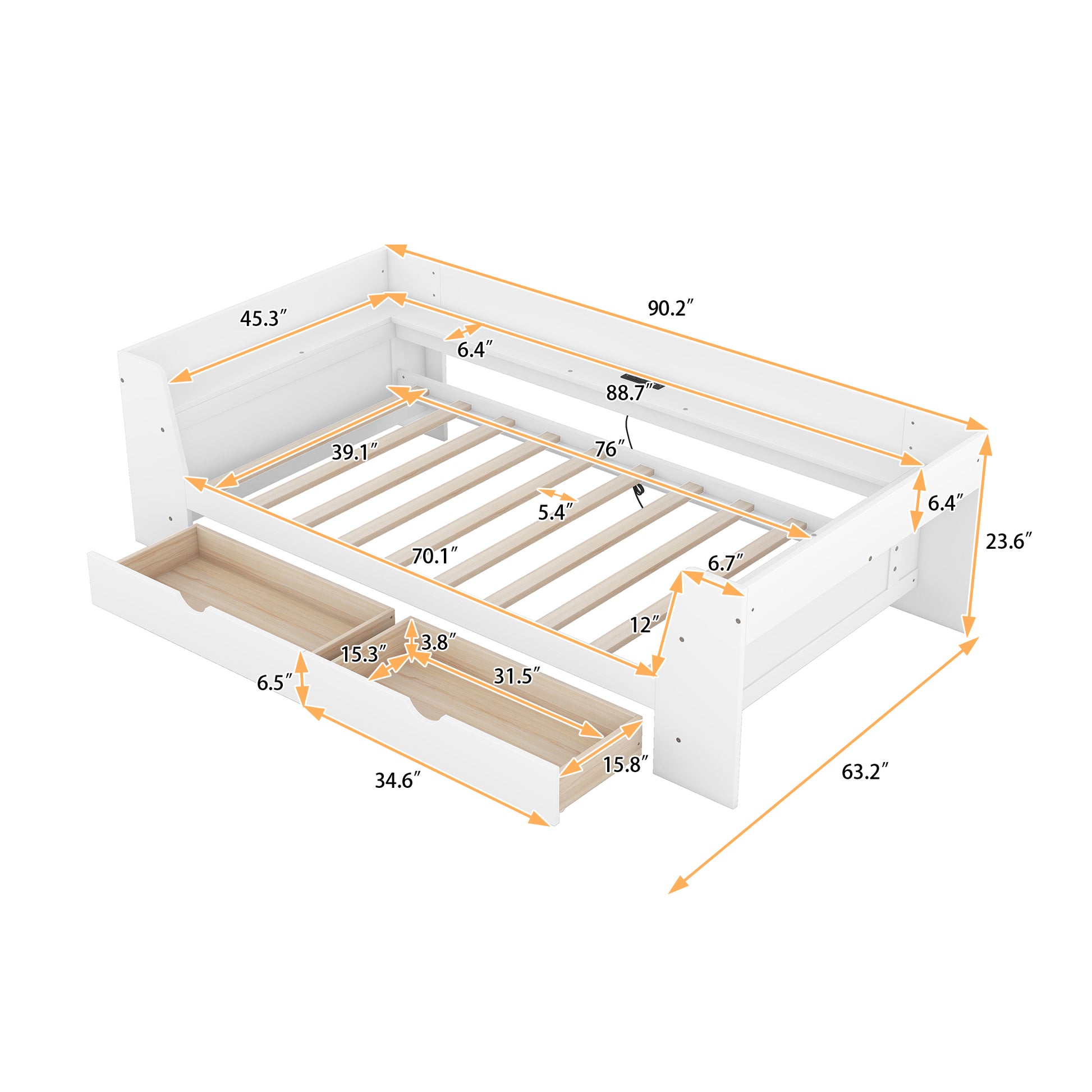 Twin Size Daybed With Shelves, Drawers And Built In Charging Station, White White Pine