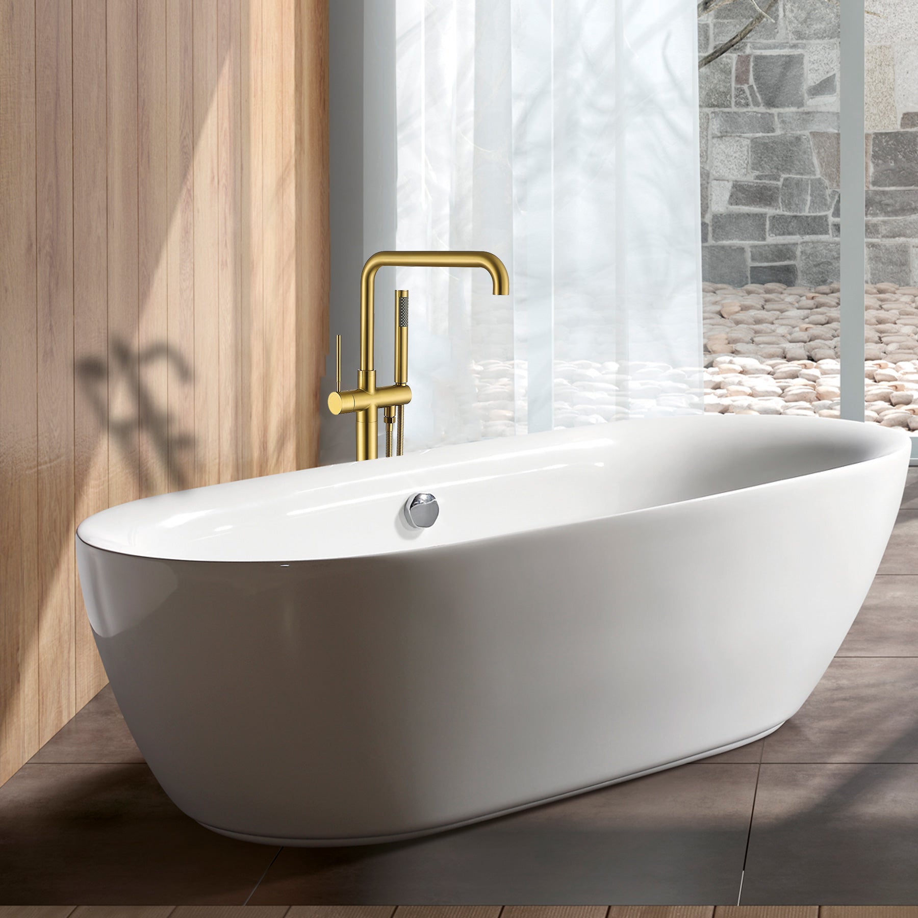 Freestanding Bathtub Faucet With Hand Shower Brushed Gold Metal