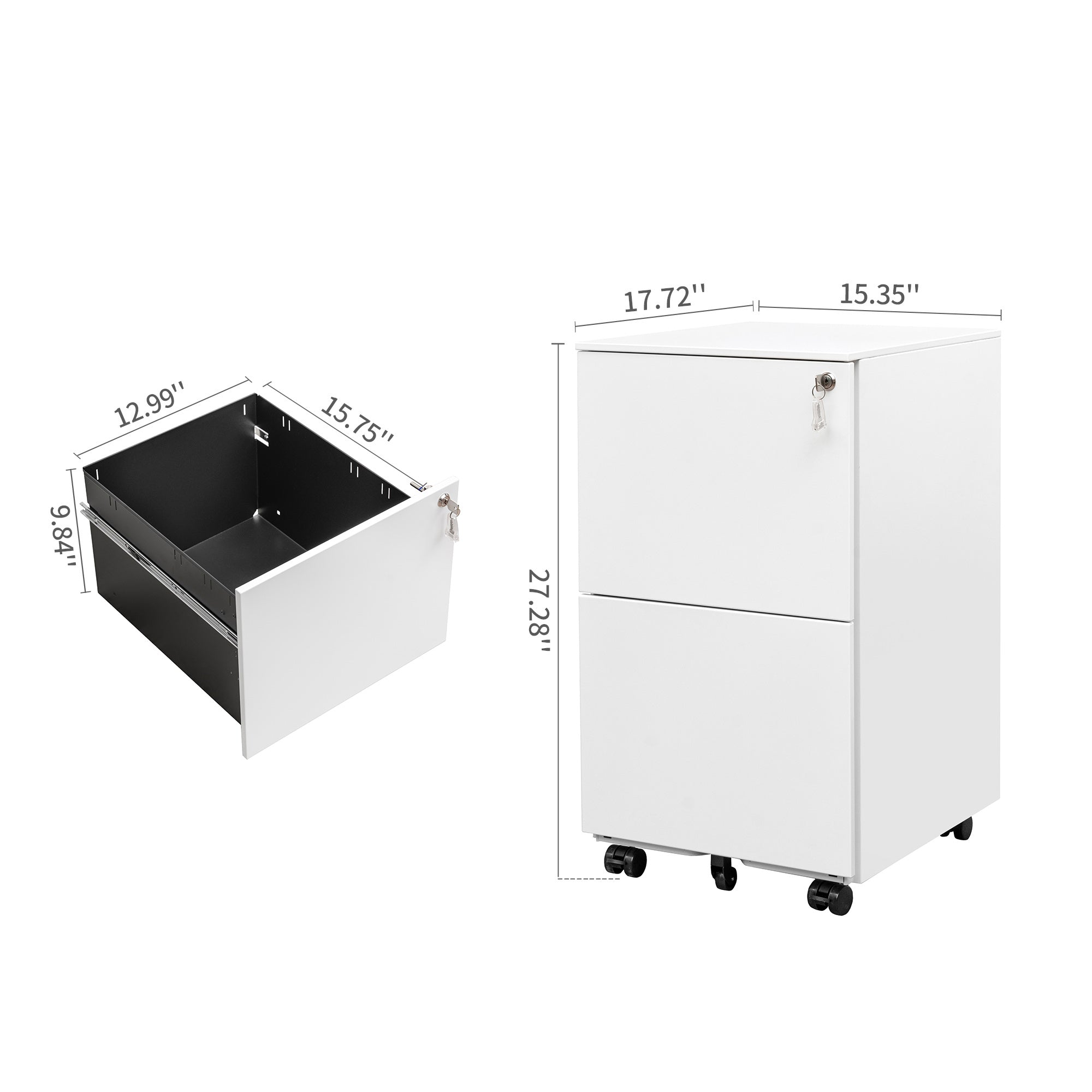 2 Drawer File Cabinet With Lock, Steel Mobile Filing Cabinet On Anti Tilt Wheels, Rolling Locking Office Cabinets Under Desk For Legal Letter Size White Steel