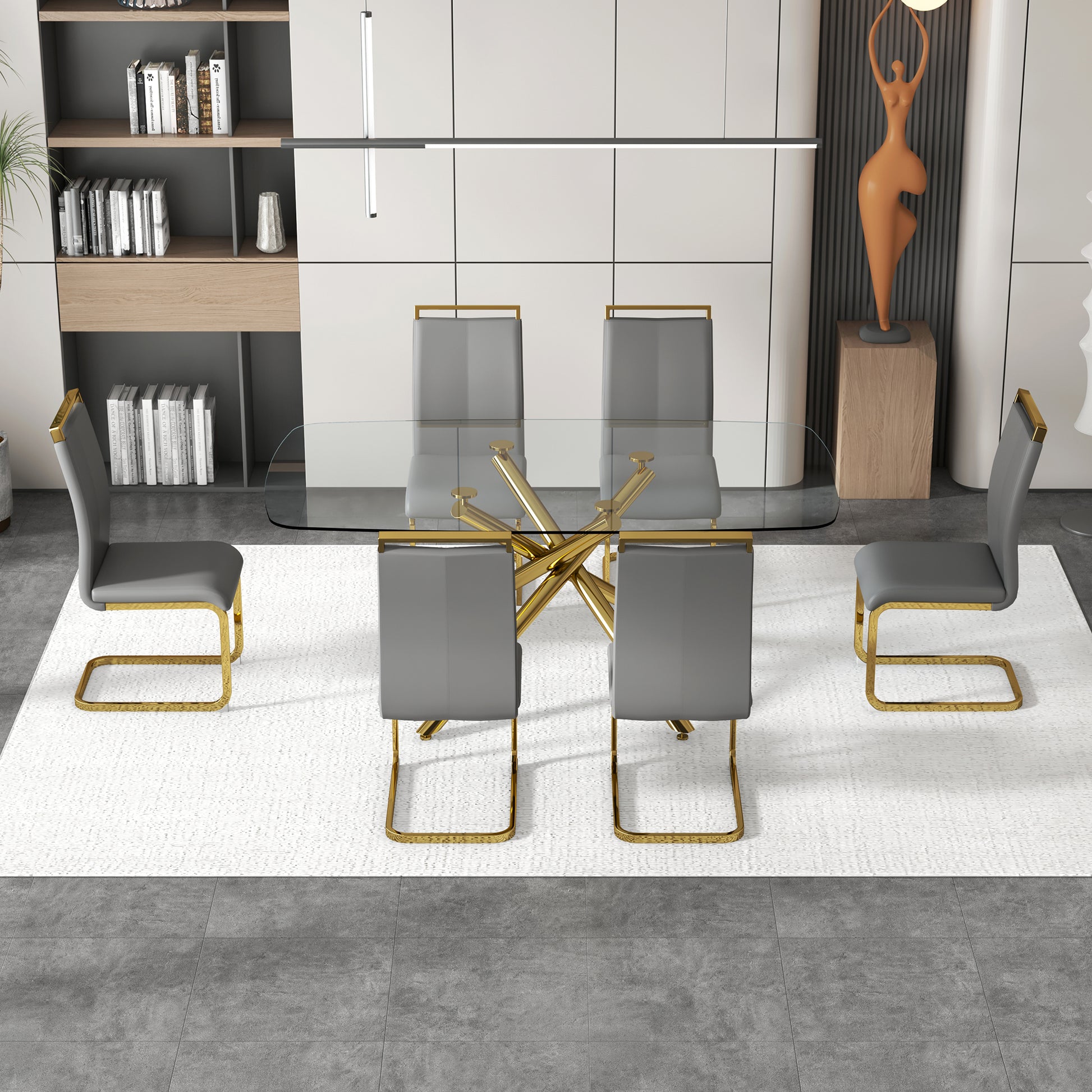 Large Modern Minimalist Rectangular Glass Dining Table With 0.39" Tempered Glass Top And Gilded Metal Legs For Kitchen, Dining Room, Living Room, Meeting Room, Ballroom 71" X 35.4" X 30". Golden Metal