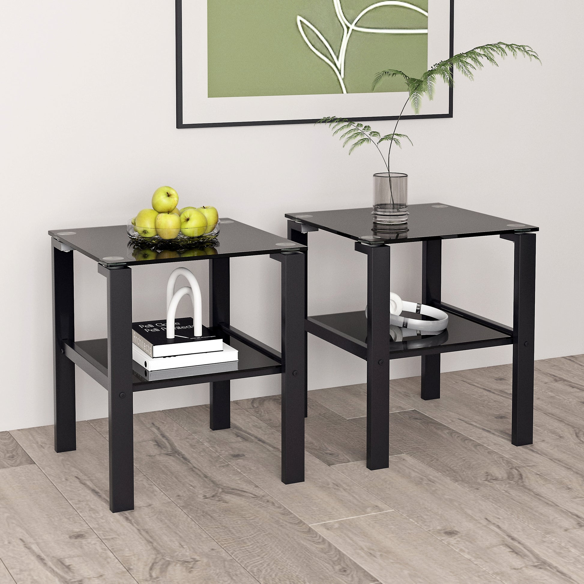 Set Of 2, Glass Two Layer Tea Table, Small Round Table, Bedroom Corner Table, Living Room Side Table,Black Black Tempered Glass