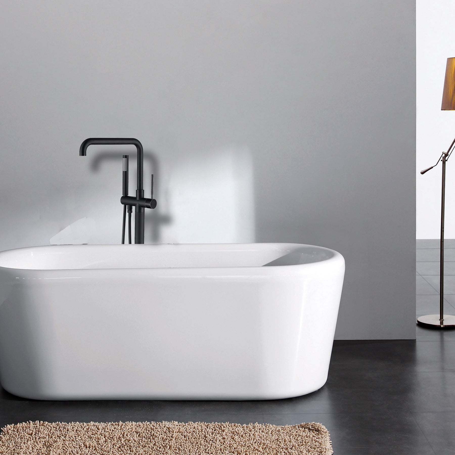 Freestanding Bathtub Faucet With Hand Shower One Matt Black Floor Mounted Bathroom Lever Handles 2 Hole Faucets Metal Manual