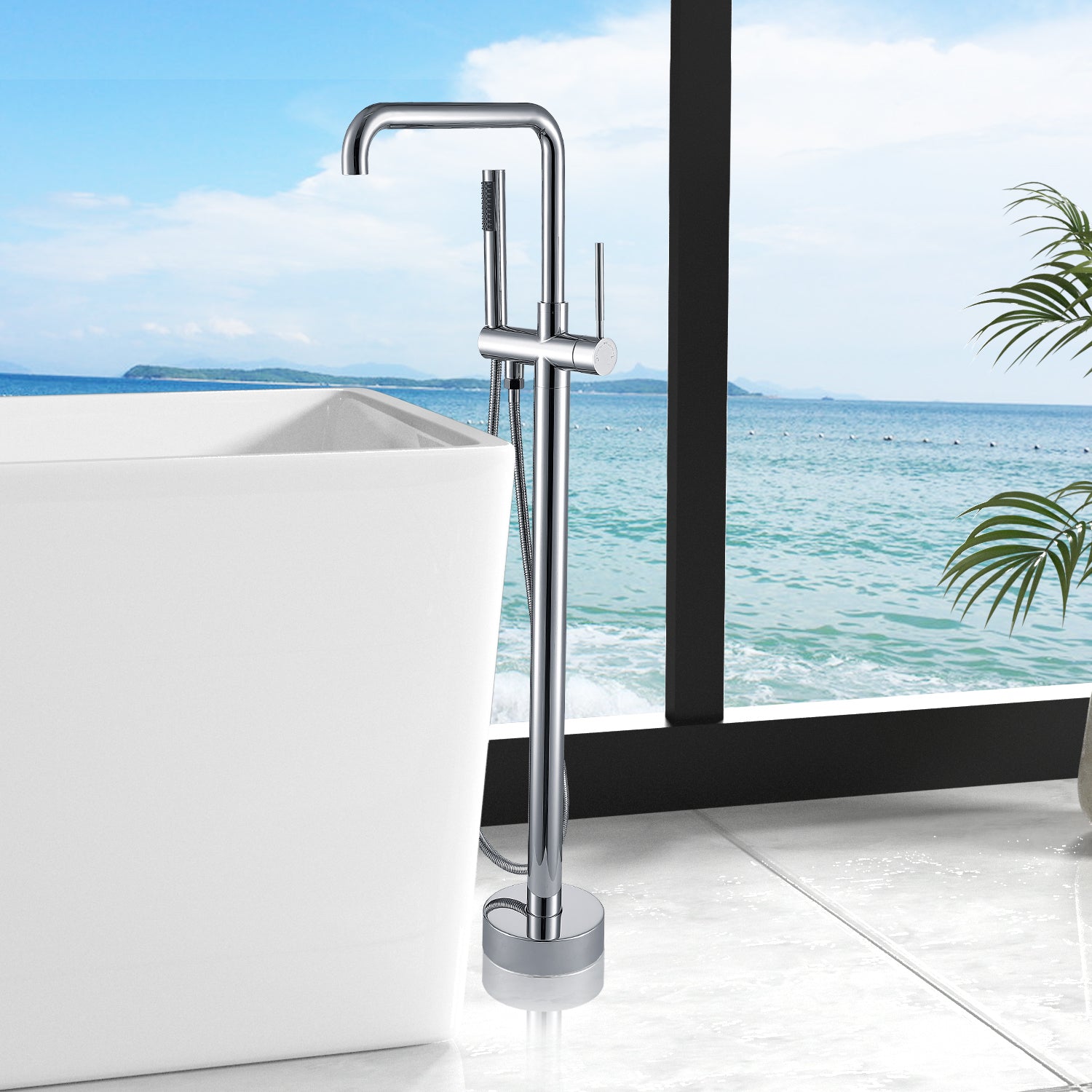 Freestanding Bathtub Faucet With Hand Shower Two Chrome Bathroom Metal Manual