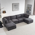 Modular Sofa With Ottoman,Filled With Down ,Soft Linen Fabric,Dark Grey Dark Grey Down Filling Fabric