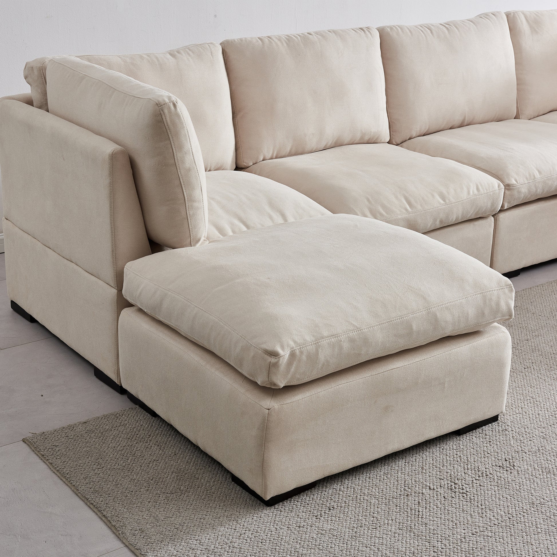 Modular Sofa With Ottoman,Filled With Down ,Soft Linen Fabric,Beige Beige Down Filling Fabric