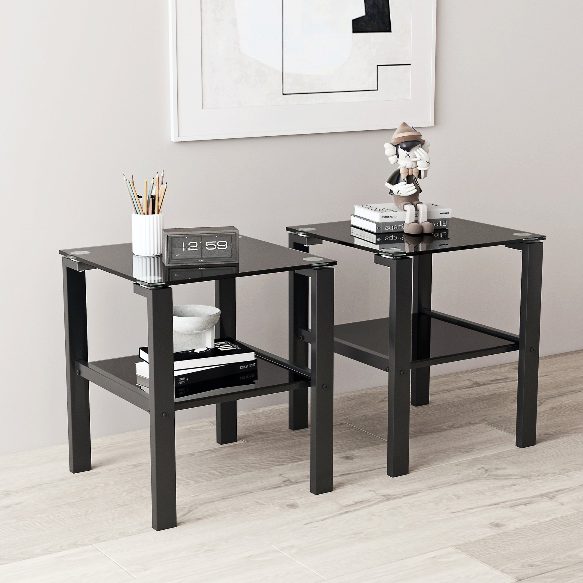 Set Of 2, Glass Two Layer Tea Table, Small Round Table, Bedroom Corner Table, Living Room Side Table,Black Black Tempered Glass