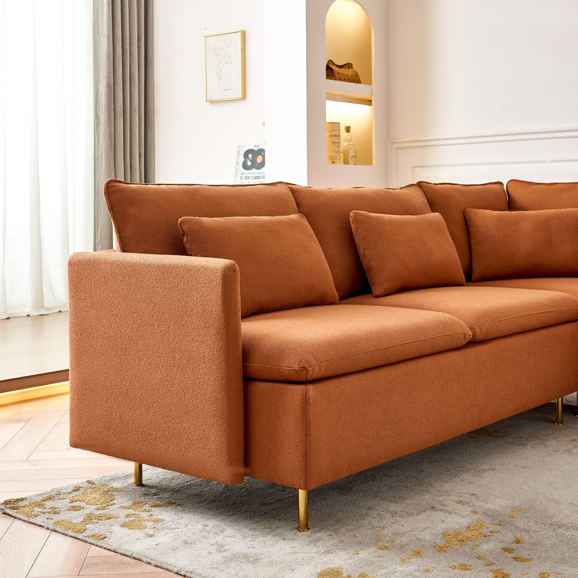 92"Teddy Fabric Sofa, Modern Corner Sectional Sofa With Support Pillow For Living Room, Apartment & Office. Orange Orange Eucalyptus Foam Fabric