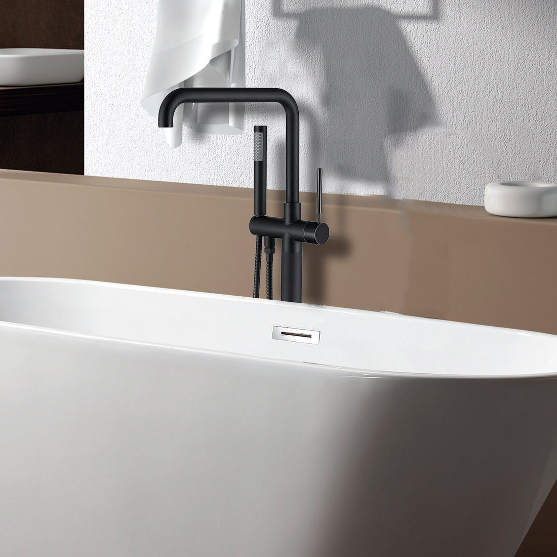 Freestanding Bathtub Faucet With Hand Shower One Matt Black Floor Mounted Bathroom Lever Handles 2 Hole Faucets Metal Manual