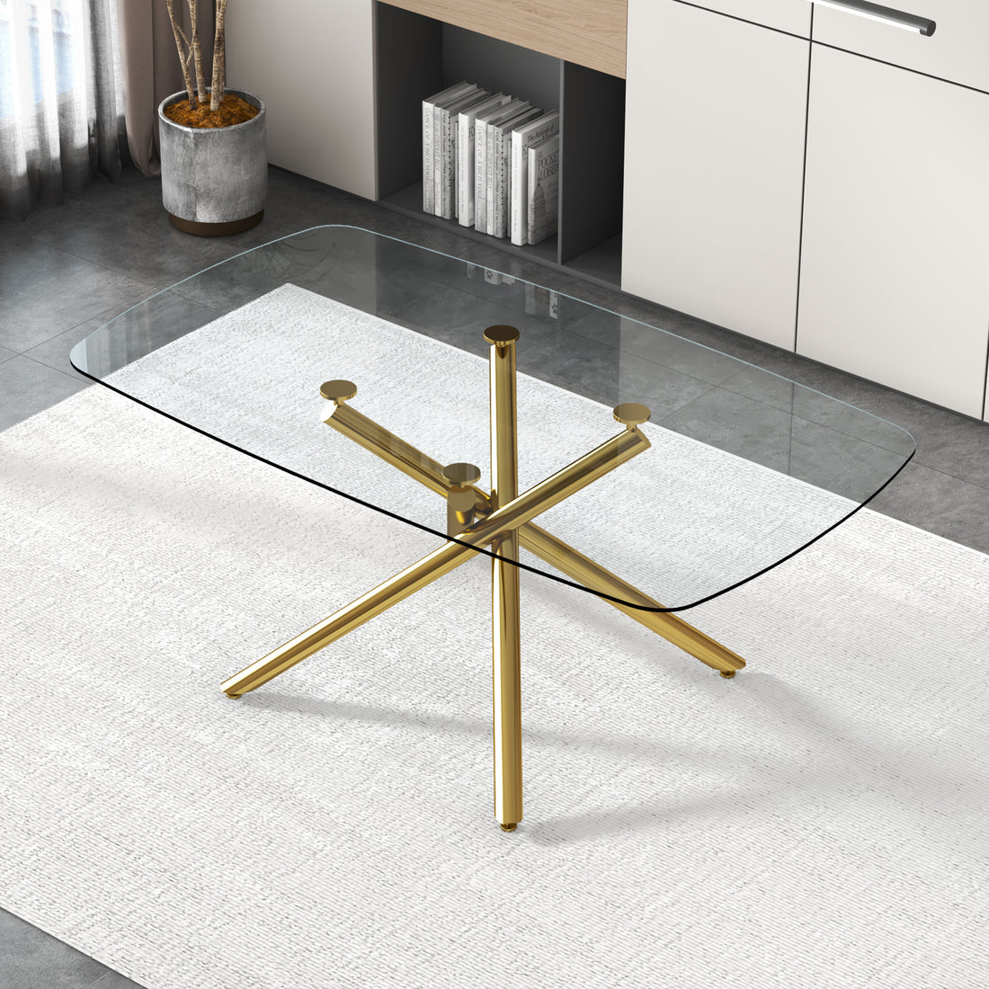 Large Modern Minimalist Rectangular Glass Dining Table For 6 8 With 0.39" Tempered Glass Tabletop And Golden Plated Metal Legs,For Kitchen Dining Living Meeting Room Banquet Hall 71'' X 39'' X30''1537 Golden Metal