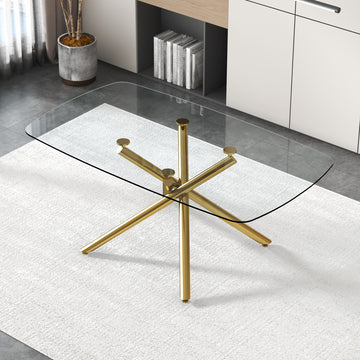 Large Modern Minimalist Rectangular Glass Dining Table For 6 8 With 0.39" Tempered Glass Tabletop And Golden Plated Metal Legs,For Kitchen Dining Living Meeting Room Banquet Hall 71'' X 39'' X30''1537 Golden Metal