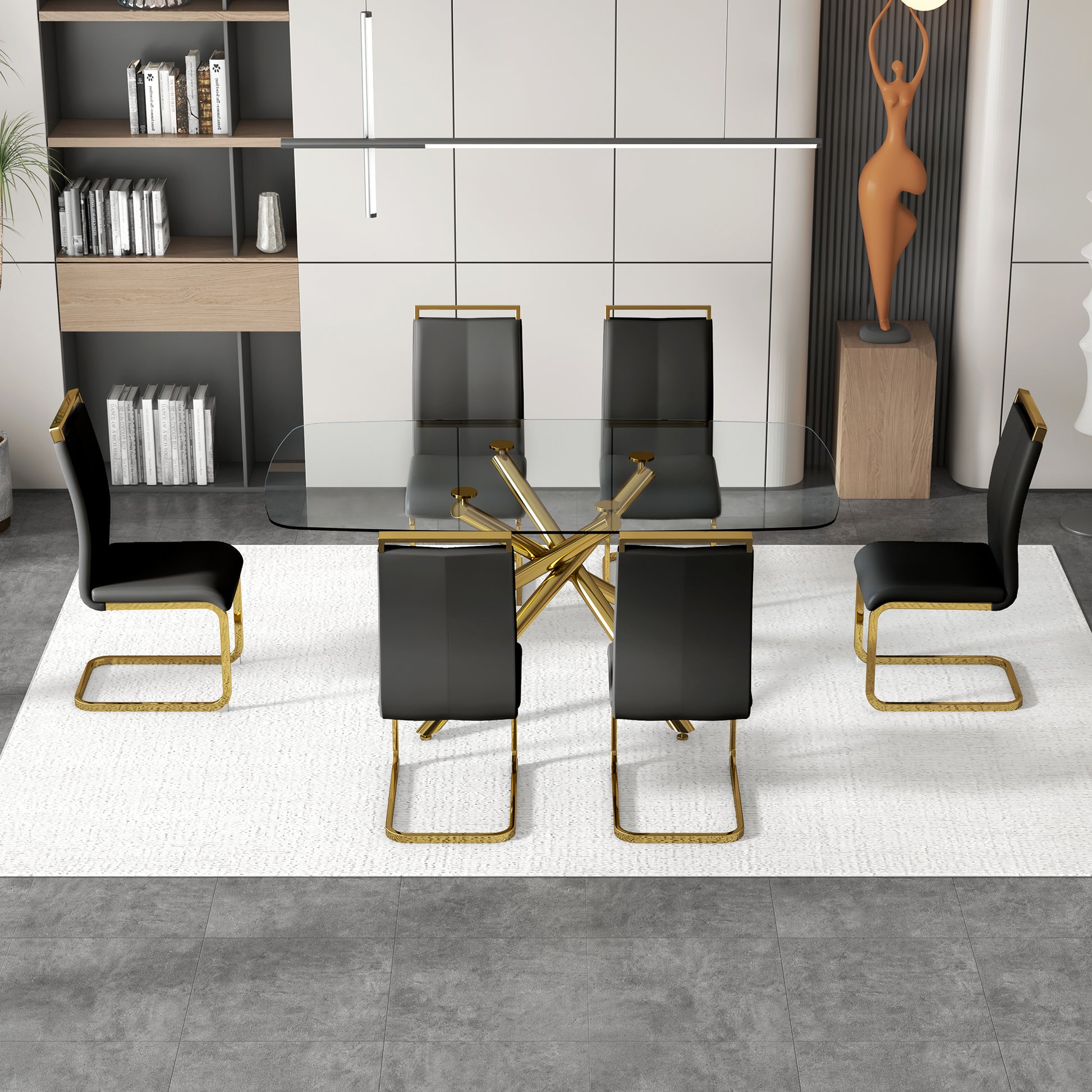 Large Modern Minimalist Rectangular Glass Dining Table For 6 8 With 0.39" Tempered Glass Tabletop And Golden Plated Metal Legs,For Kitchen Dining Living Meeting Room Banquet Hall 71'' X 39'' X30''1537 Golden Metal
