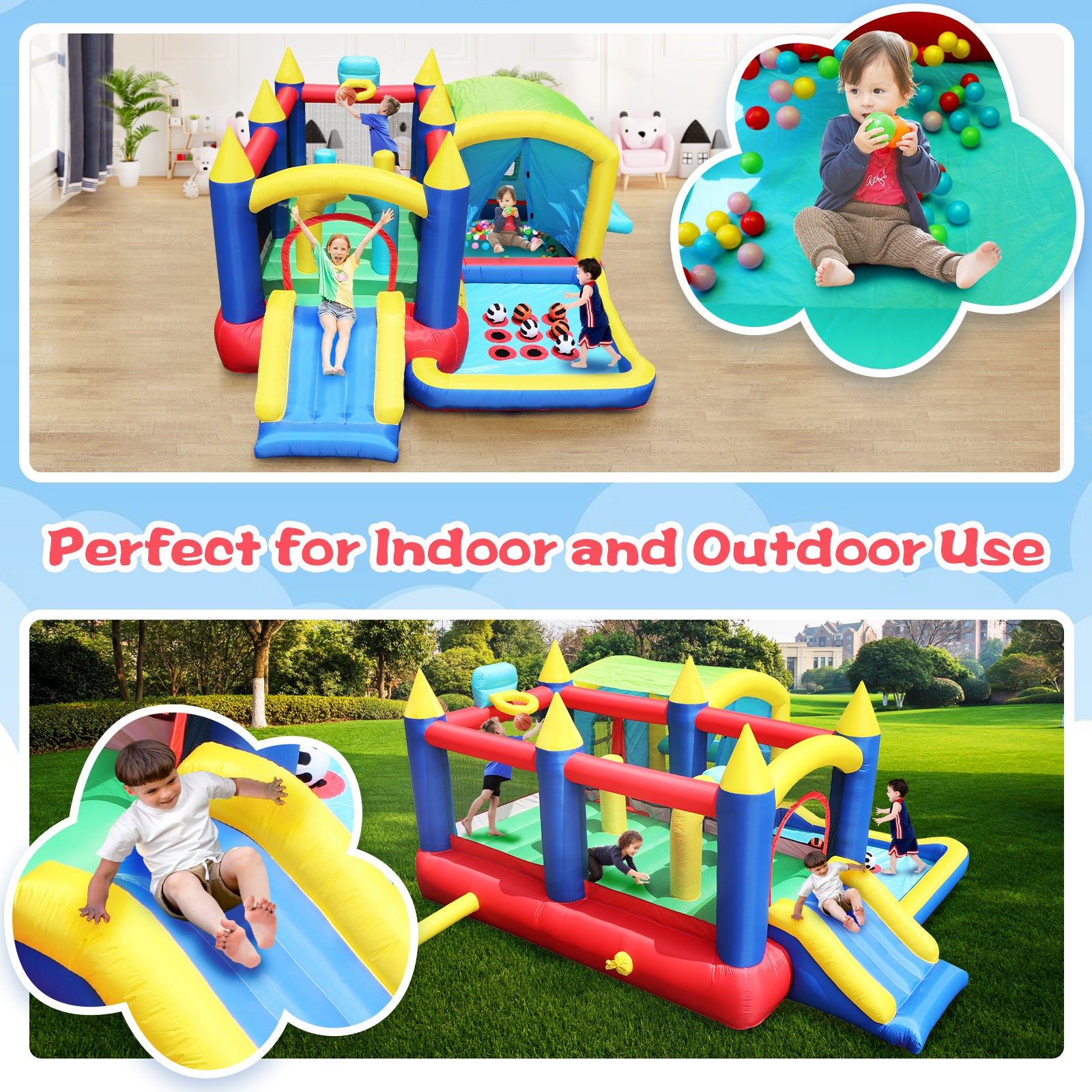 7 In 1 Inflatable Bounce House, Bouncy House With Ball Pit For Kids Indoor Outdoor Party Family Fun, Obstacles, Toddler Jump Bouncy Castle With Ball Pit For Birthday Party Gifts Multicolor Oxford Fabric