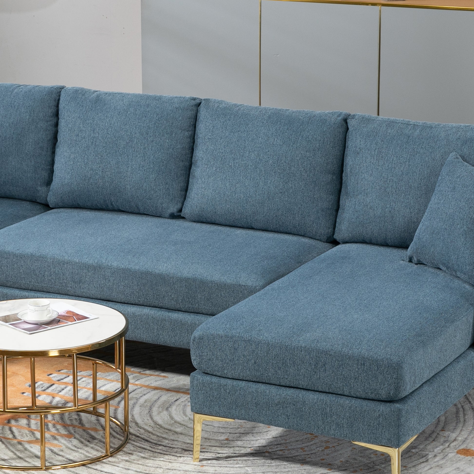 110'' Wide Reversible Left Or Right Chaise Of Sectional Sofa U Shape Convertible Sofa Couch 4 Seat Couch With Chaise Lounge Upholstered For Living Room, Apartment, Office, Blue Polyester Blend Blue Foam Polyester