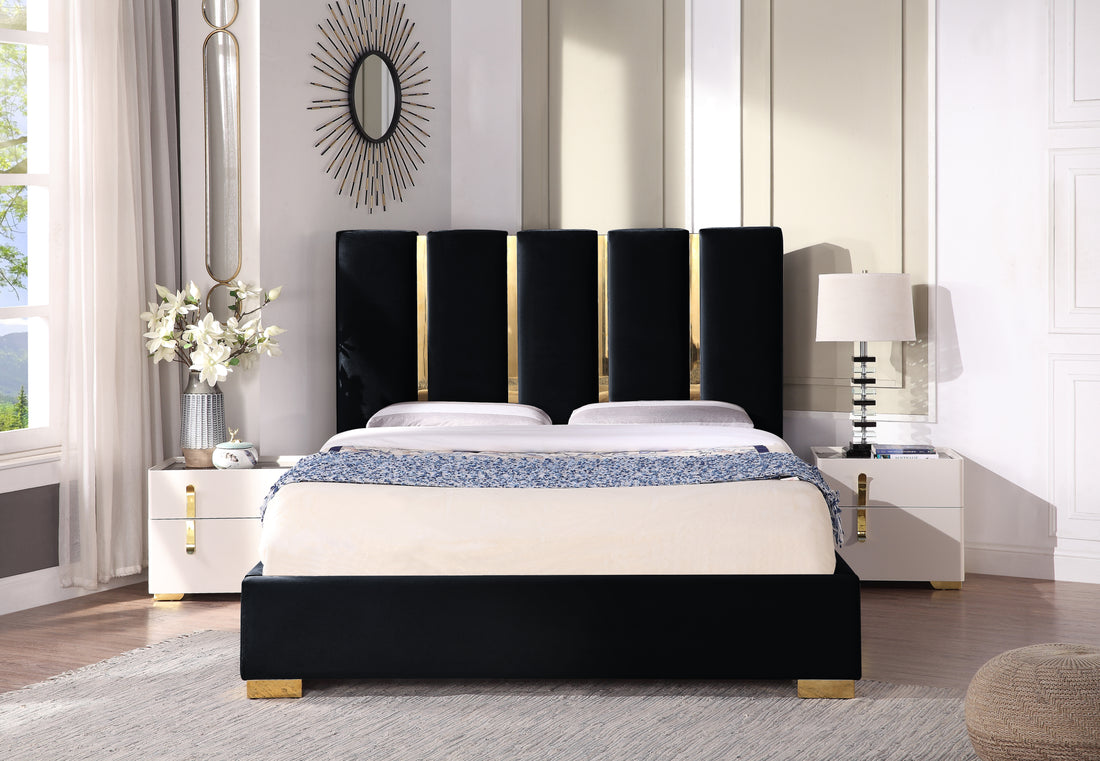 Contemporary Velvet Upholstered Bed, Solid Wood Frame, High Density Foam, Gold Metal Leg, Queen Size Black Velvet