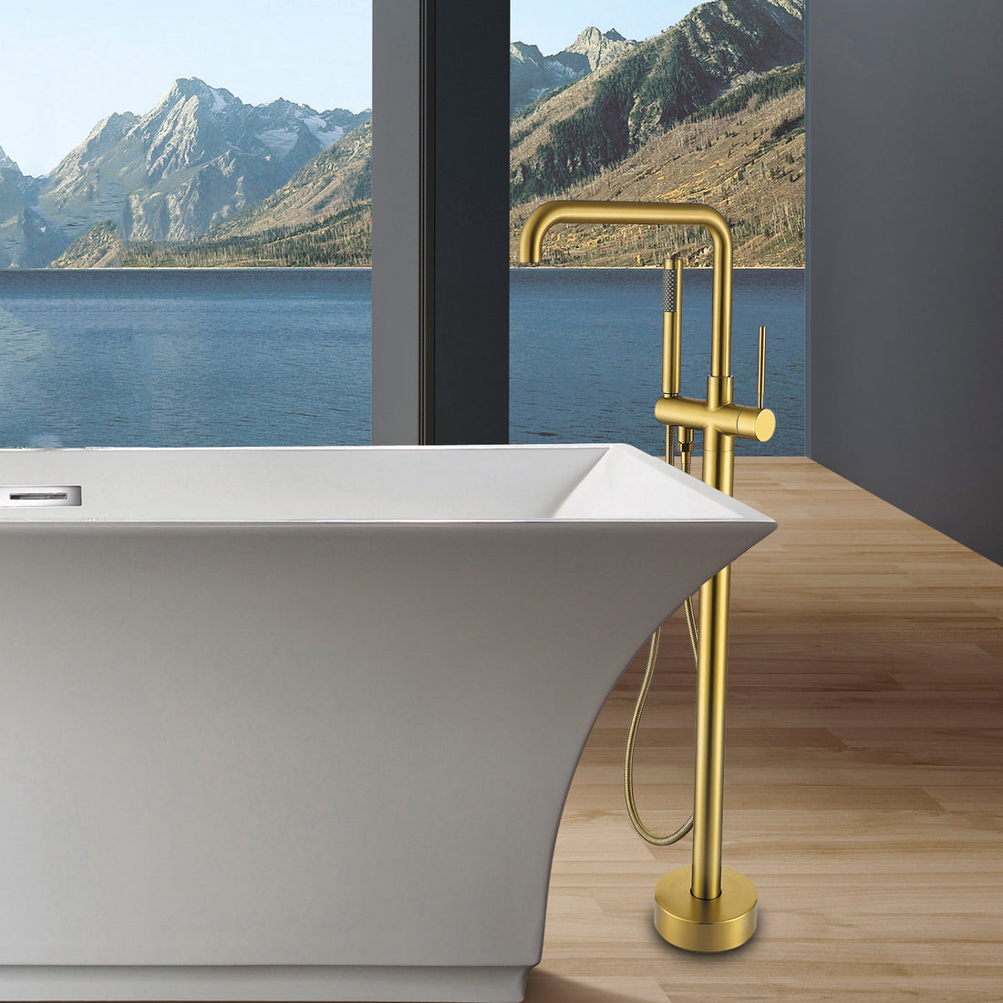 Freestanding Bathtub Faucet With Hand Shower Brushed Gold Metal