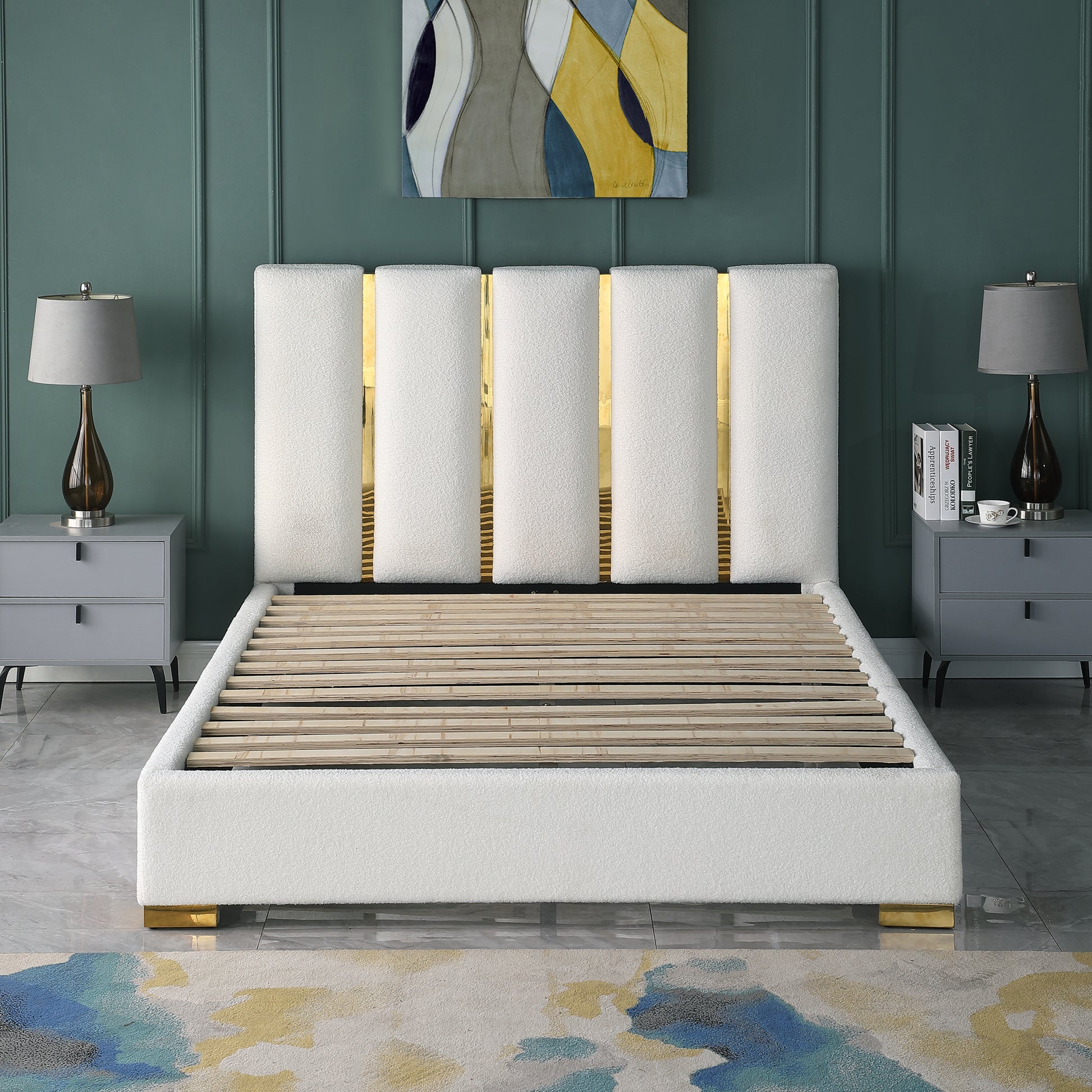 Contemporary Velvet Upholstered Bed, Solid Wood Frame, High Density Foam, Gold Metal Leg, King Size Blue Velvet